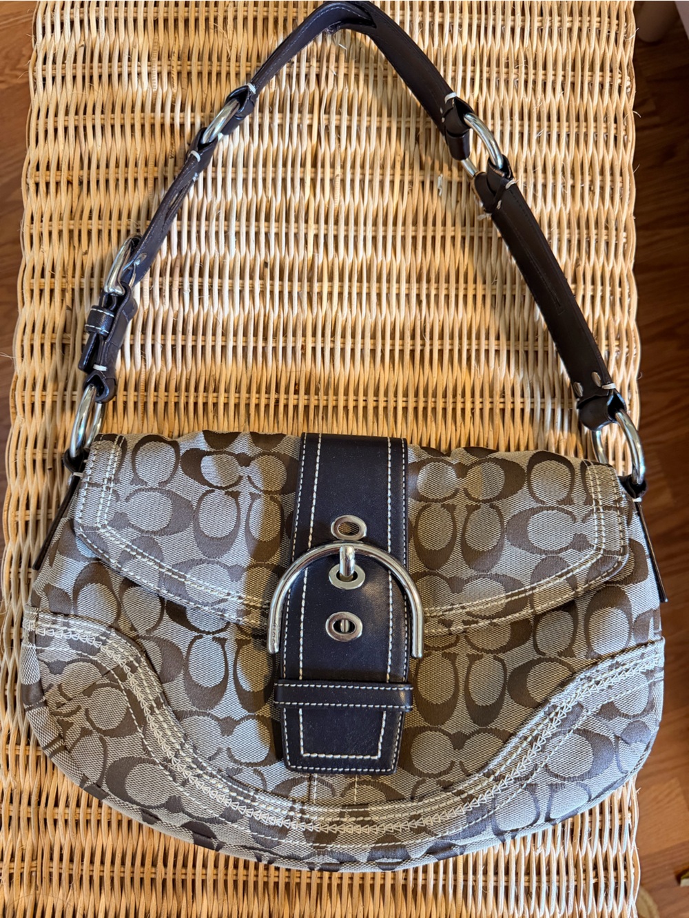 Coach Monogram Shoulder Bag in Khaki and Dark Brown